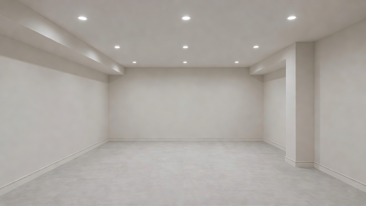 A basement with freshly installed and finished drywall