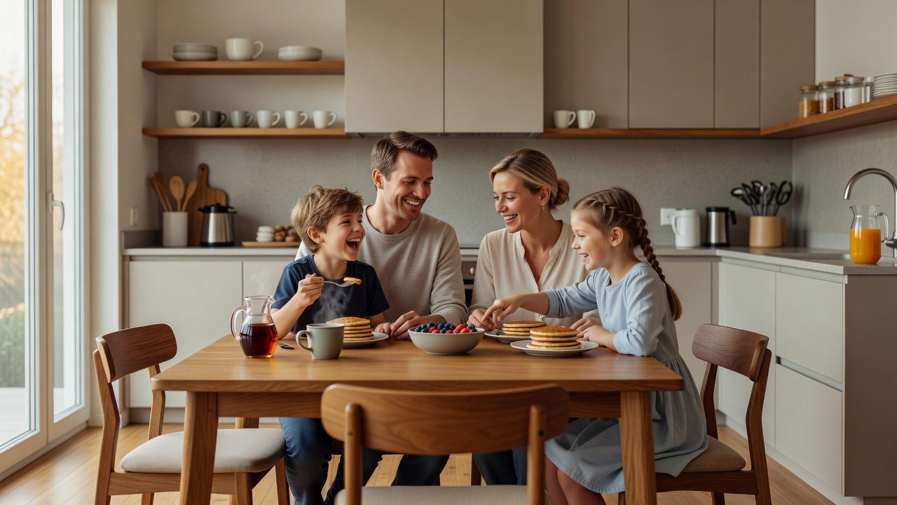 Family in renovated kitchen